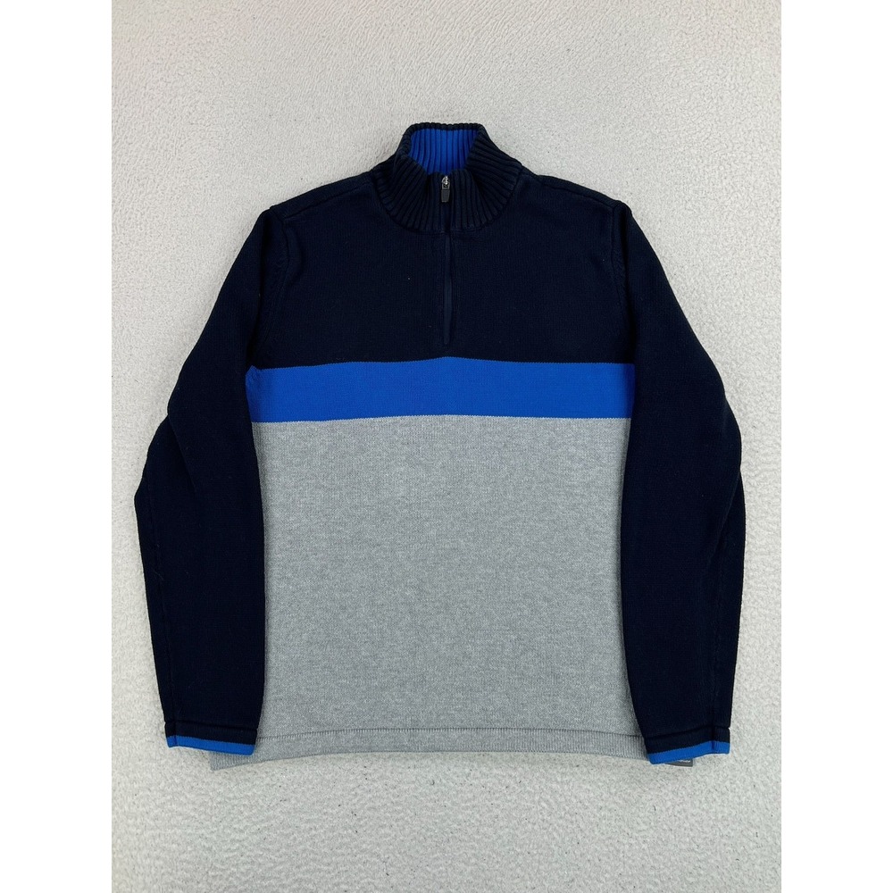 Eddie Bauer Sweater Mens Large Blue Gray 100% Cotton 1/4 Zip Mock Neck Striped